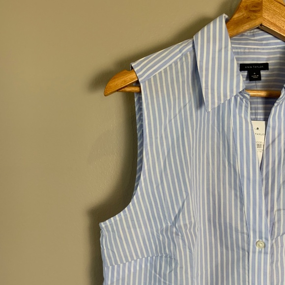Ann Taylor Collared Split Neck Striped Sleeveless Shirt - Picture 10 of 16